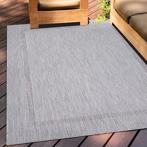 Teppium Outdoor Teppich Wetterfest 300x400 (280 x 370 cm) Silberfarbe Sisal Optik - Küchenteppich Waschbar rutschfest, Wasserfest, Bordüre, Pflegeleicht - Ideal für Balkon, Terassen, Garten, Camping