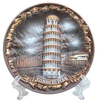 Piatto decorativo in ceramica 3D dipinto a mano in stile vintage italiano, con punti di riferimento italiani (15 cm, Torre Pisa in bronzo)