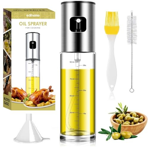 edihome, Spray Huile Cuisine, Vaporisateur pour Friteuse d´Air, 100 ml, Pulverisateur Anti-goutte, Accessoires Friteise sans Hulie, Verre et en Acier Inoxydable