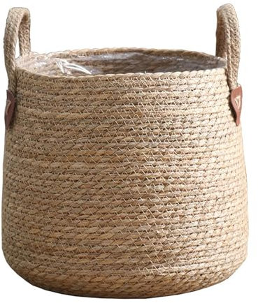 LOVIVER Woven Plant Basket Large Plant Pot Round Lined Rattan Storage Baskets Rustic Wicker Planter Basket with Handle for Indoor Lawn Yard Home Plant Flower Sundries, S