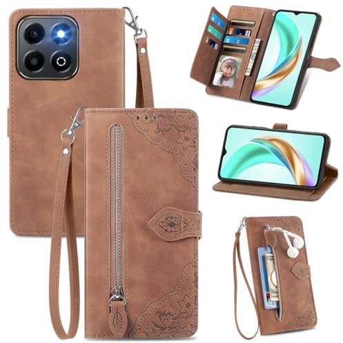 MOJIA Coque Porte Monnaie pour Honor 200 Smart, Etui Portefeuille en Cuir PU avec Cover en TPU, Etui Multifonctionnel Porte-Cartes avec Dragonne. Marron