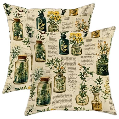 Juego de 2 fundas de almohada botánicas, fundas de cojín cuadradas decorativas de plantas de hierbas verdes, fundas de cojín cuadradas decorativas vintage para el hogar, sofá, cama, sofá, 16 x 16