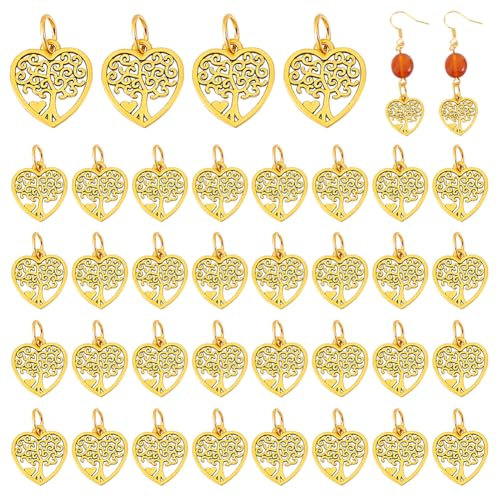 PH PandaHall 50pz Ciondolo Albero Della Vita Cuore Oro Antico, 22mm Ciondoli Cuore Stile Tibetano Metallo Pianta Portafortuna Vintage Pendenti per Collana Braccialetto Artigianato