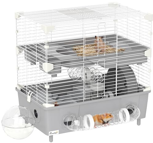PawHut Cage pour Hamster à 2 Niveaux avec Roue 44,5 x 28 x 44 cm Gris