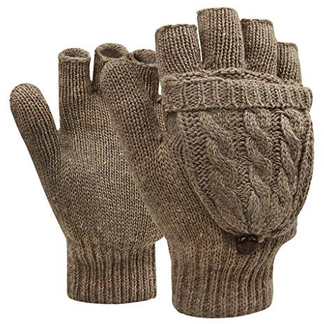 Winter Handschuhe Fingerlose Fäustlinge Damen Mädchen Doppelfunktione Winterhandschuhe Fingerhandschuhe Strickhandschuhe mit Flip Top, Braun, Einheitsgröße