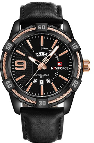 NAVIFORCE Montre de sport à quartz de luxe avec grand cadran en cuir étanche pour homme, rose gold, Sport