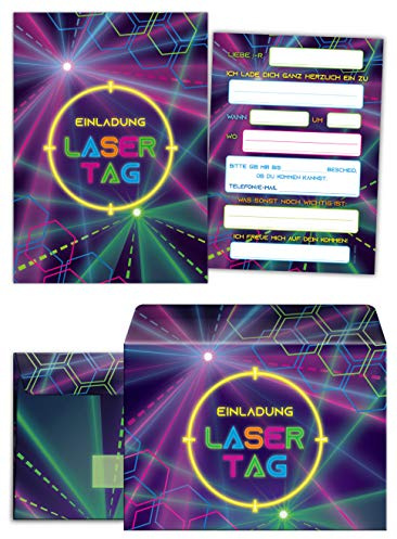 Junaversum 12 Einladungskarten incl. 12 Umschläge zum Geburtstag Kindergeburtstag Lasertag Party Mädchen Jungen Erwachsene/Laser Tag