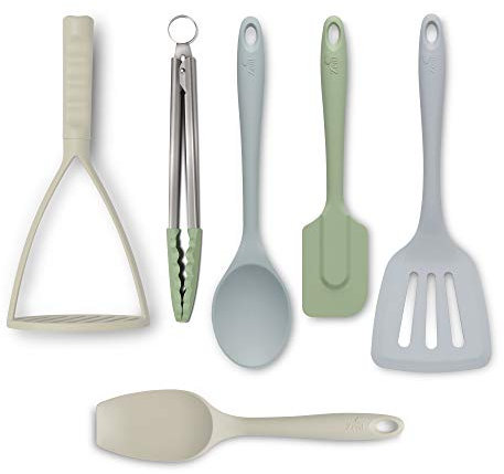 Zeal JSET47QN Non-Stick Silicone Tongs, Turner, Spatula, Cooks Spoon, Spatula & Masher 6-Piece Set-Neutral Mix,Large
