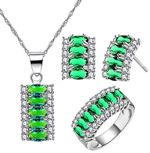 Uloveido Fashion Oval Zirkonia Halskette Kristall Ohrstecker und grüner Zirkon Ring Rhodinierter Schmuck Set für Frauen T502 (Grün, Größe 57)