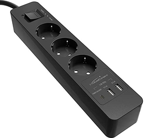KabelDirekt – 3-Fach-Steckdosenleiste & Mehrfachsteckdose (USB, Power Delivery 3.0, Schnellladegerät, lädt geräteabhängig bis zu 3× schneller, Überspannungs-/Berührungsschutz, TÜV-geprüft, schwarz)