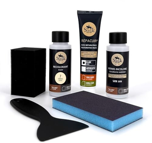 SOFOLK DEPUIS 1989 Kit Rénovation Cuir 21 Couleurs : Réparation + Peinture Cuir + Vernis pour Volant ou retouche de siège Auto, Chaise, sellerie, Blouson, Veste, Chaussure, etc (7-Coquille)
