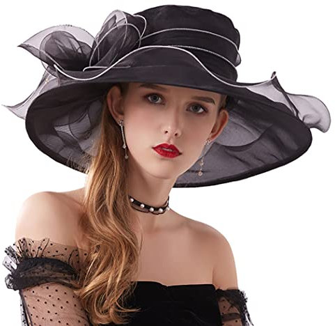 ZESLIV Sombrero de Organza para Mujer, Boda, Novia, Sol, Flores, Verano, Paja - Negro