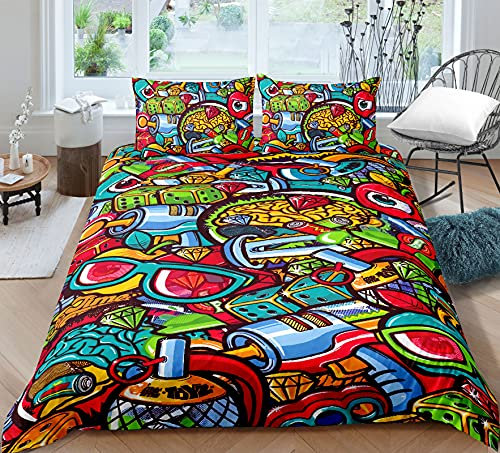 AYMAING Graffiti Thema Bettwäsche Set Kinder Hip Hop Thema Tröster Abdeckung für Jungen Teenager Jugend Illustration, Street Culture Bettbezug 135 x 200 cm Bettbezug 2 Stück mit Reißverschluss