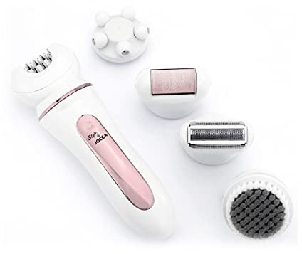Jocca Trocken- und Trockenentfernungsset - 5 Aufsätze für verschiedene Anwendungen: Schaberkopf, Schlankheitskopf, Hornhautentfernung, Peeling, Massage - Wasserfest - Epilator