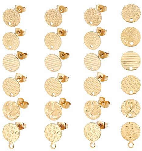 UNICRAFTALE 24pcs Rond Plat Doré avec Boucles Oreilles Texturées 304 clous Oreilles en Acier Inoxydable avec Écrous Oreille et Boucle 1.2/1.8mm Petit Trou pour Fabrication de Bijoux