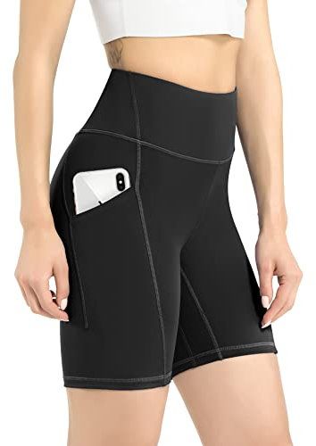 Leovqn Damen Kurze Sporthose mit Taschen Hohe Taille Radlerhose Blickdicht Laufshorts Yoga Kurz Leggings Schwarz M