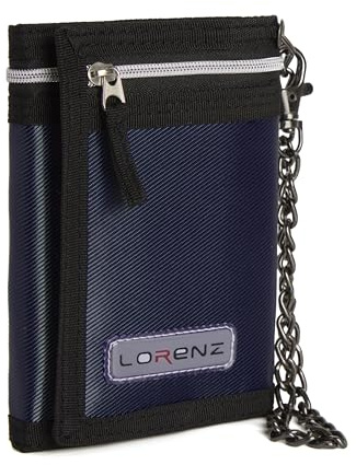 Woodland Leathers Sports Wallets for Boys, Trifold Men Canvas Wallet with Coin Pocket and Credit Card Holder, Waterproof Teenagers Folder Wallet with Chain, Hook or Classic (with Chain, Navy)