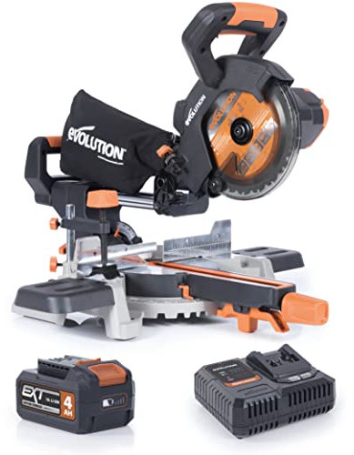 Evolution R185SMS-Li Akku-Gleitgehrungssäge mit Mehrzweck-Schneide, 45° Fasen-, 50° Gehrungsschnitte, 850 W – 4 Ah Akku & Ladegerät und 185 mm TCT-Sägeblatt im Lieferumfang enthalten, 3 Jahre Garantie
