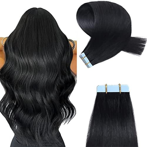 YILITE Tape Extensions Echthaar, Jet Black 55cm 20 Stück/Packung 50g Tape in Extensions Echthaar Invisible Seidig Gerade Skin Weft Tape Ins Natürlich Erweiterungen (55cm #1 Jet Black)