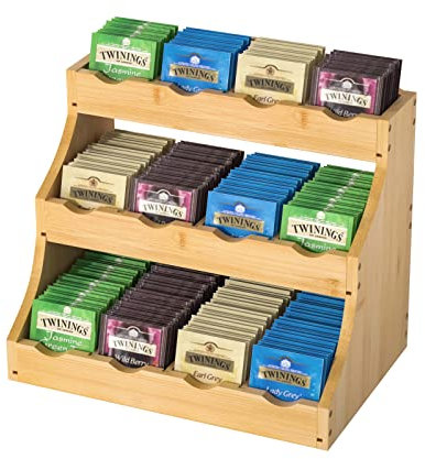G.a HOMEFAVOR Soporte para bolsitas de té de bambú, organizador de almacenamiento de 3 niveles para bolsitas de té, cápsulas de café, cápsulas de crema
