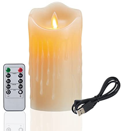 Wiederaufladbar LED Kerzen, 10cm LED Echtwachs Kerzen mit Wachstropfen, Elektrische Aufladbare Kerzen mit USB Kabel, Flammenloses Kerzen mit 10 Tasten Fernbedienung&24 Stunden Timer Funktion--Warmweiß