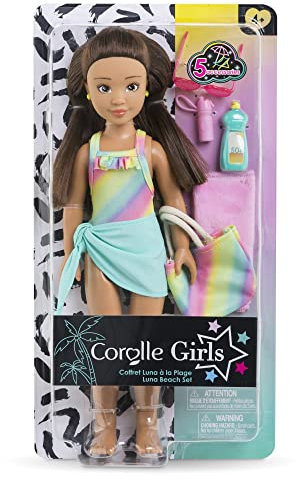 Corolle Girls Luna Beach Set, Ankleidepuppe im süßen Beach Outfit und 5 Teile, Vanilleduft, 28cm, ab 4 Jahre