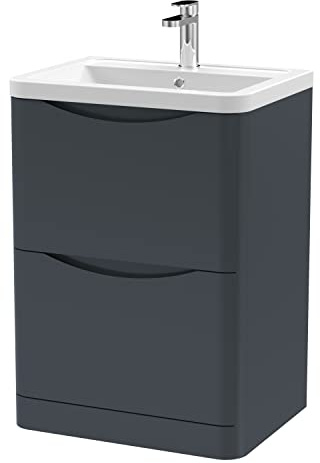 nuie LUN1401A Lunar Modern Bathroom Floor Standing 2 Drawer Vanity Basin Unit with Ceramic Basin, 600mm, Soft Black