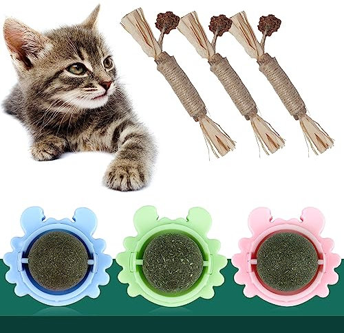 contailKY 3 Stück Katzenminze Ball Wand Spielzeug Catnip Ball, 3 Stück Katzenminze Sticks für Katzen, Matatabi Silvervine Kausticks für Katzen die Zahnpflege und Gegen Mundgeruch (6 Pack)