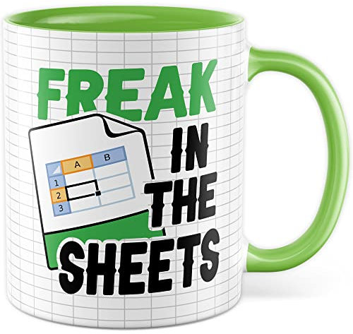 Tasse Excel-Könner Geschenk, Freak in the Sheets Geschenkidee Kaffeetasse mit Spruch lustig Kaffee-Becher Excel Spreadsheet Tabelle Computer IT Informatiker Excel-Experte Nerd (Weiß/Grün)