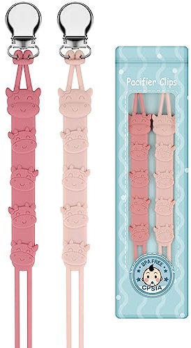 Yolnkos Schnullerkette Junge mädchen Silikon Kuh Schnuller Clips Dummy Halter Schnullerband Schnullerketten für Babydusche 2 Stück(Rosa)