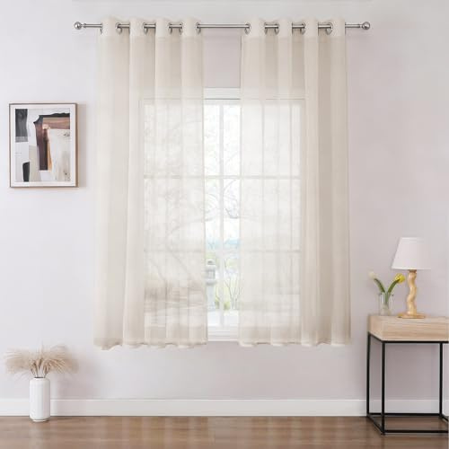 Joydeco Gardinen mit Ösen Transparente 2er Set, Optik Gardine Voile Ösenvorhang Ösenschal Durchsichtig Vorhang Kurz für Schlafzimmer Wohnzimmer Schlaufenschal (2xH175xB140, Leinen)