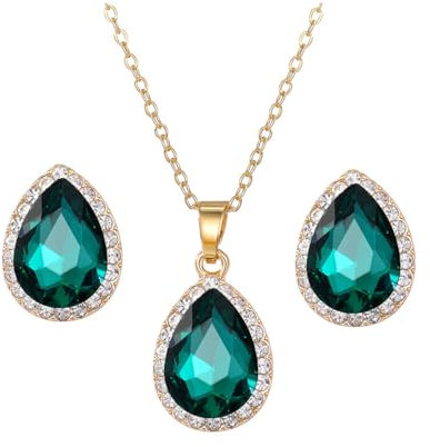 FDEETY Jewellery Set for Women Teardrop Cubic Zirconia Necklace Earrings Fashion Wedding Crystal Jewelry Set Gift for Birthday (Green)