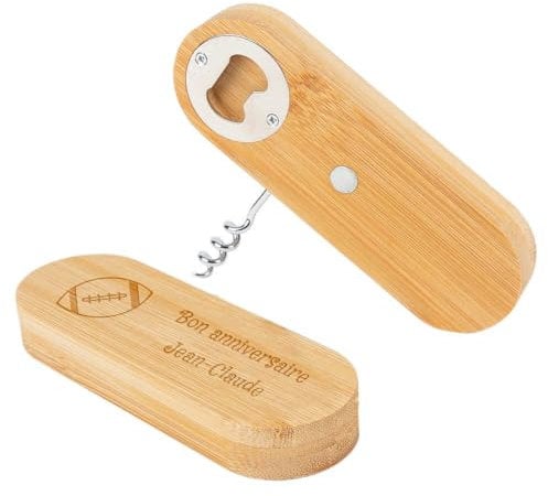 Décapsuleur et tire bouchon en bois personnalisé gravé – En bois bambou – Gravure texte sur cet accessoire de cuisine unique