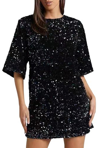 Damen Rundhals Pailletten Tshirt Kleid Glitzer Shirt Kleider Cocktailkleid Pailletten Glitzer Kleid Langarm Bluse Cocktailkleider Partykleid Paillettenkleid Glitzerkleid Minikleid Party Kostüm
