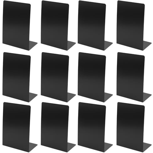 HEIHAK 12 Pack Heavy Duty Black Metal Bookends, L Shape Book Ends with Non-Slip Pads Bookend Shelf for Home, Office and Library