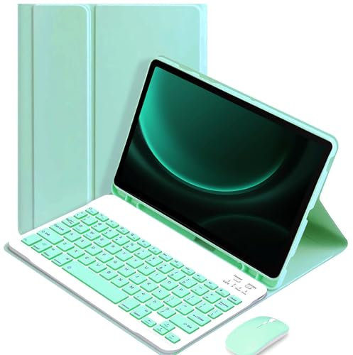 VLEAQC Funda con Teclado y ratón para Samsung Galaxy Tab A9+/A9 Plus 11 Pulgadas 2023 (SM-X210/X216/X218), Teclado Bluetooth retroiluminado 7 Colores, Ligera con Soporte para bolígrafo,Verde