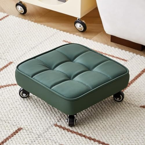 BURLOE Kleine Niedrig Rollhocker, Drehhocker Arbeitshocker PU Leder Universalräder Niedriger Hocker Mit Rollen Drehbar Werkstatthocker Für Homeoffice,Grün