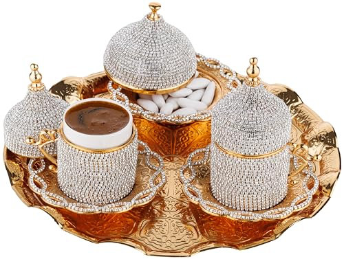 DEMMEX Juego de café turco de 11 piezas, tazas de porcelana, soportes de metal ornamentados, tapas, platillos, azucarero y bandeja decorativa, juego de café árabe griego tradicional para una