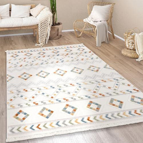 Paco Home Teppich Wohnzimmer Kurzflor Boho Modern Ethno Skandinavisch Geometrisches Muster Fransen, Grösse:120 cm Rund, Farbe:Bunt 6