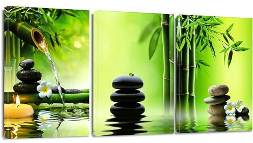 Sungeek Impression sur toile 3 pièces - Tableau moderne encadré - Bambou d'eau et pierres - Œuvre d'art pour chambre à coucher, salon, cuisine - Décoration murale - 30 x 40 cm