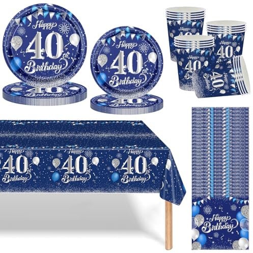 Juego de vajilla para fiesta de cumpleaños número 40, 69 piezas, vajilla de 40 cumpleaños, platos de papel azul marino, vasos, servilletas y mantel para mujeres y hombres, regalos de cumpleaños de 40