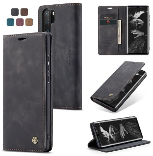 owlhold Handyhülle für Huawei P30 Pro Hülle, Premium Lederhülle Weiches Vintage-Nubukleder Faltbare Ständer Klapphülle Kartenfach Standfunktion stoßfest Schutzhülle für Huawei P30 Pro -Schwarz