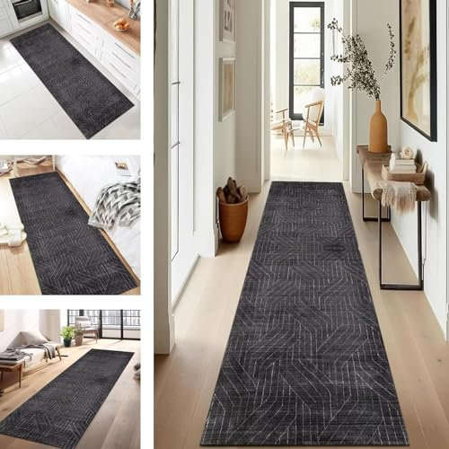 SUCERU Teppich Läufer Flur Küche rutschfest waschbar Teppichläufer Lang 70X450CM Dunkelgrau Weiß Geometrisch Design Meterware Tepiche Esszimmer Schlafzimmer Wohnzimmer Schmutzfangmatte Küchenteppich