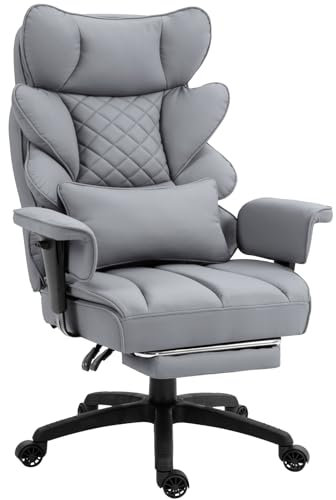 Dowinx Gaming Stuhl, Bürostuhl Ergonomisch mit Taschenfeder-Kissen, Chefsessel mit Doppellagige weiche Rückenlehne und verstellbare Lendenkissen, Armlehnen und Fußstütze, PC Stuhl, PU, Grau