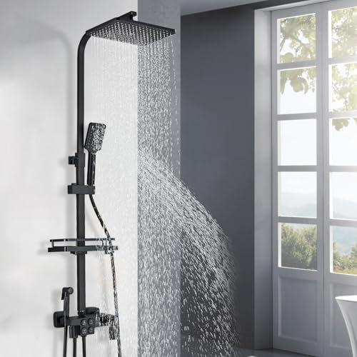 Columna Ducha Negra Termostatica Hevenaov Columna Ducha con Grifo, Grifo Sistema Altura Regulable Termostatico con Ducha de Mano 3 Modos con Indicador de Temperatura