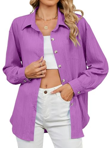 TMEOG Camicia Donna Manica Lunga Camicette Elegante Blusa con Bottoni Camicia Scollo a V Giacca Camicia Lunga a Tinta Unita Camicia Ampia per Donna(Viola,S)