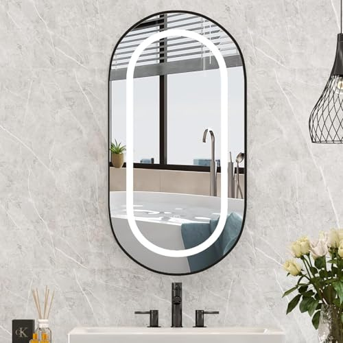 Mepplzian Ovaler Bad Spiegelschrank mit Beleuchtung, Metall Schwarz Gerahmt | 80x42cm, Ovaler Badezimmerschranke mit Glasregalböden, 3 Lichtfarbe Einstellbar, Einbau Bad Spiegelschrank Oval, Schwarz