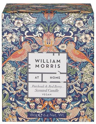 William Morris At Home Strawberry Thief, Red Berry and Patchouli, Vela perfumada de 180 g con aceites esenciales, tamaño de viaje y apta para veganos, regalo de belleza para ella