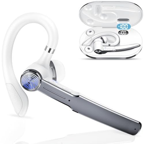 Bluetooth Headset V5.3, 110H HD Talk Handsfree Earpiece Wireless Headset with 4 ENC Noise Canceling Microphone Mute, LED Display, Single Ear Headsets IP7 Waterproof/in-Ear Headphone for Driving, Gray