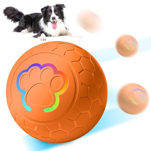 BORDEAG Interaktives Hunde Ball Spielzeug: Selbstrollender Ball Hund, Strapazierfähiger Automatisch Rollender Ball mit LED-Leuchten, Hundespielzeug Ball für Kleine, Mittelgroße,Große Hunde (Orange)